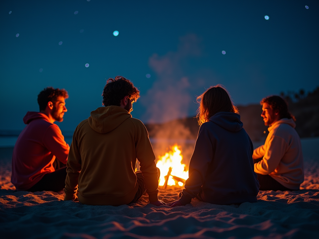 Cztery osoby siedzą na plaży wokół ogniska nocą, rozmawiając i patrząc na gwiazdy.