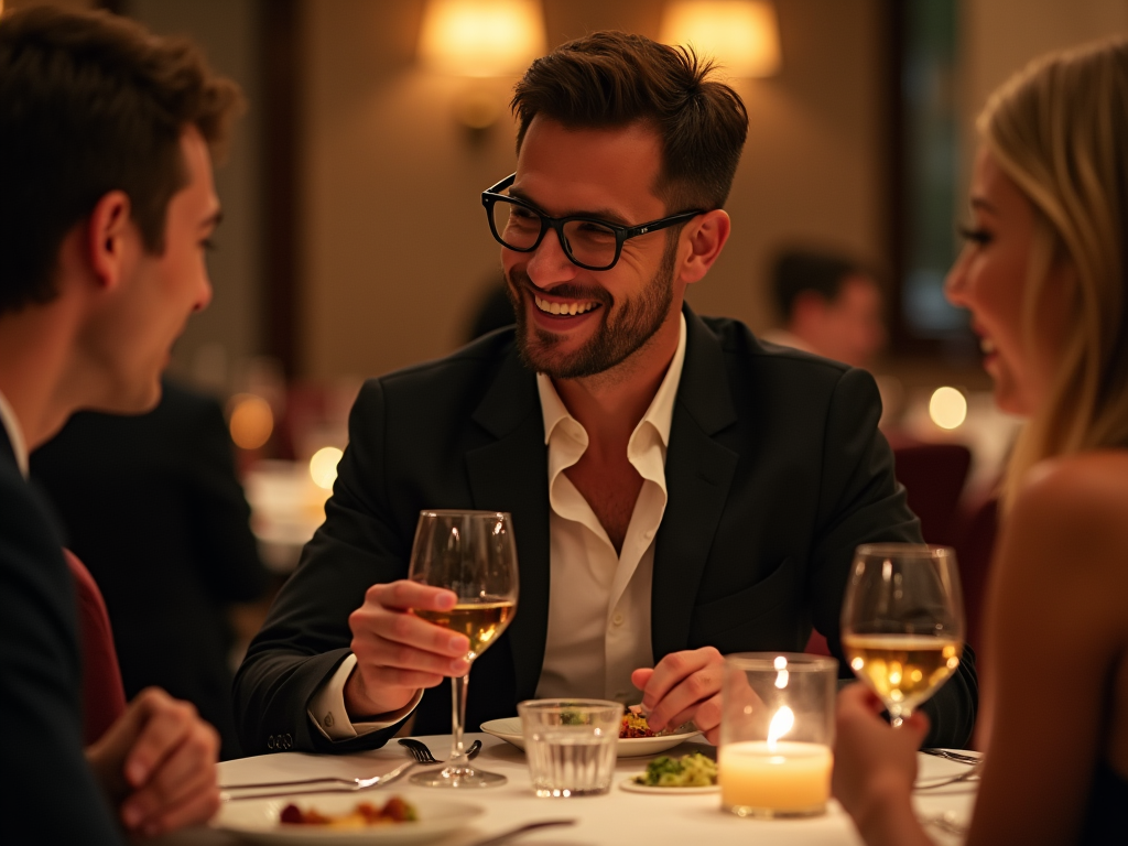 Mężczyzna w okularach rozmawia z przyjaciółmi przy kolacji w eleganckiej restauracji.