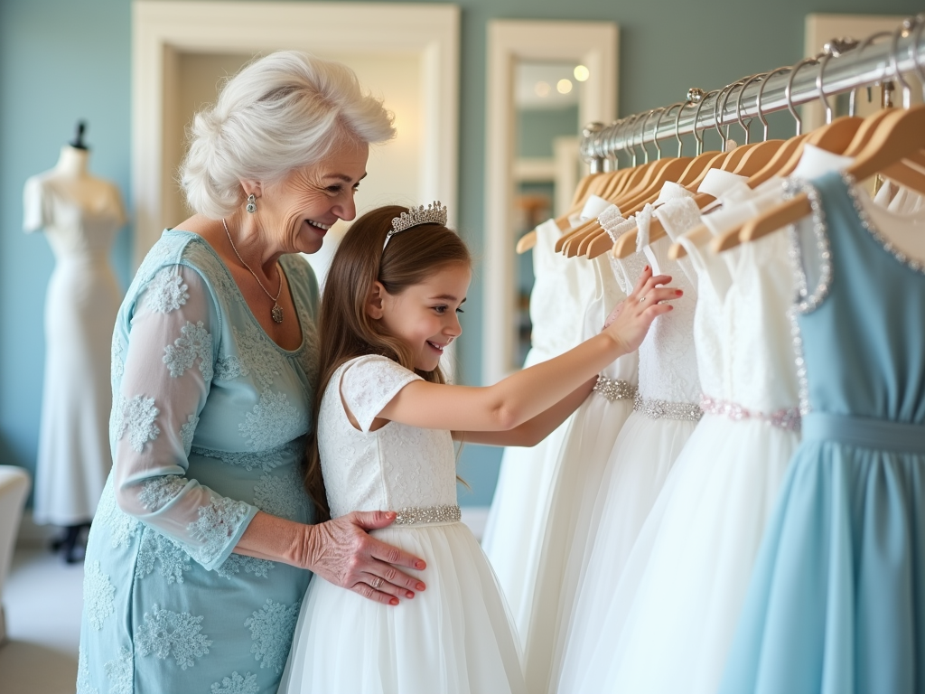 Babcia i wnuczka wybierają sukienki w sklepie z odzieżą formalną.